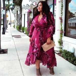 NWOT City Chic Maroon Floral Blossom Wrap Dress Size XXL/24 High Low Long Sleeve
